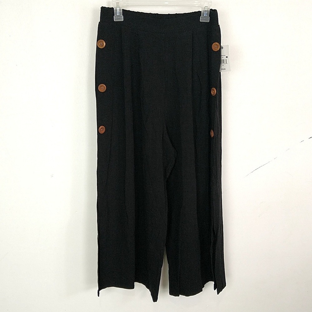 Ophelia Roe Wide Leg Pants Womens Medium Black Linen Blend Side Button Cropped